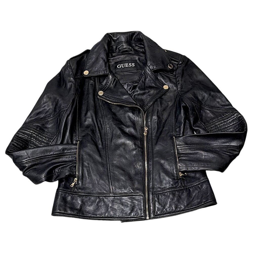Guess Jacket Womens M Black Buttersoft Leather Moto Crop Goth Punk Biker Concert